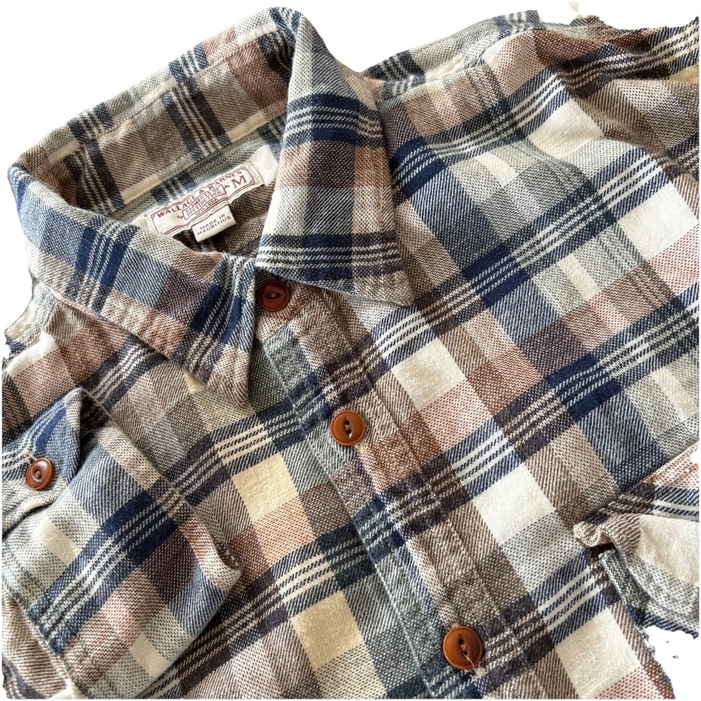 Wallace & Barnes Shirt Mens M Brown Blue Plaid Flannel Button Up Long Sleeve